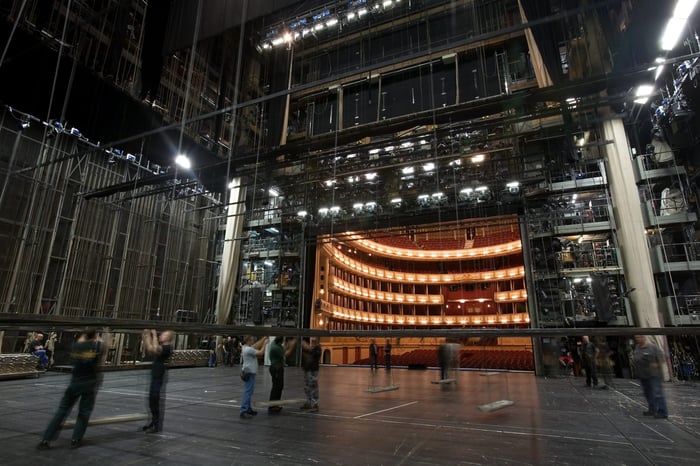 large backstage area behind open curtains